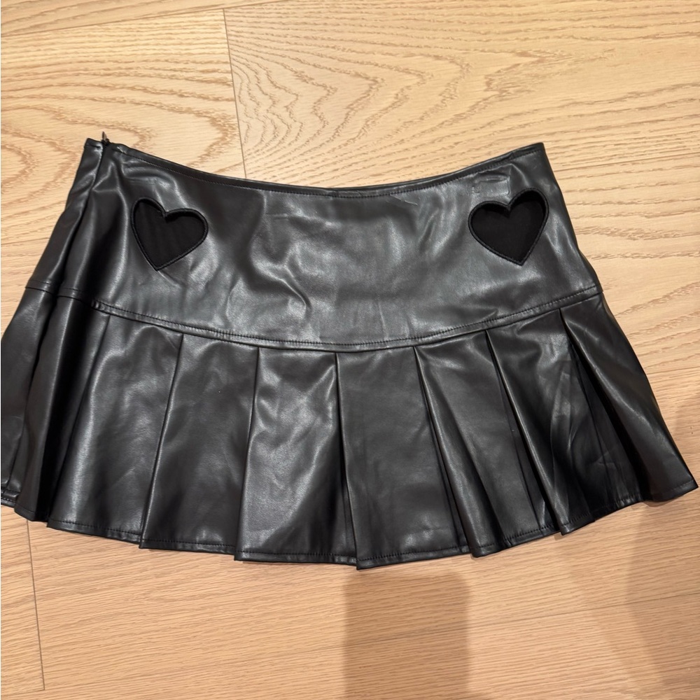 Black Faux Leather Skirt with Heart Accents